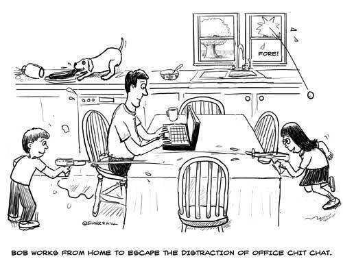 How to Stop Interruptions so you can Focus - image work-from-home-cartoon on http://cavemaninasuit.com